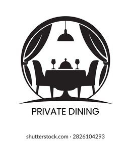 Private Dining logo features an intimate restaurant interior scene framed by luxurious curtains within a circular arch. This exclusive, sophisticated design is highly effective for upscale dining establishments, VIP reservation lounges, private event venues, or luxury hospitality providers requiring a distinct, elegant identity that emphasizes privacy, fine dining, and elegance.