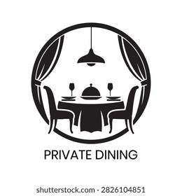 Private Dining logo presents an exclusive interior dining setting enclosed within a sophisticated circular border featuring ambient lighting and table settings. This refined hospitality design is ideal for upscale restaurants, private dining clubs, luxury event planners, boutique hotels, and gourmet catering services seeking an elegant, sophisticated visual identity.