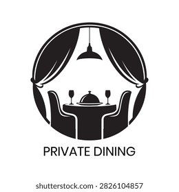 Private Dining logo showcases a luxury table arrangement beneath an overhead chandelier inside an intricate circular frame. This refined dining design is exceptionally suited for gourmet restaurants, private dining lounges, VIP hospitality services, luxury culinary experiences, and upscale event organizers desiring a polished and elegant brand mark.