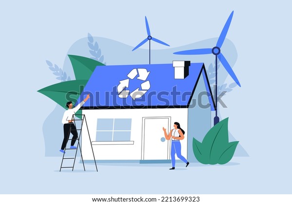Private eco house. Renewable energy and saving\
electricity concept. Characters buying building. Vector\
illustration. Modern real estate, environmentally friendly house.\
energy solar panels\
Windmills