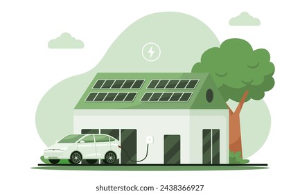 A private electric car is recharging at a house with electric vehicle wall charger. Sustainable lifestyle, electric transportation and eco-friendly vehicle concept. Vector illustration.