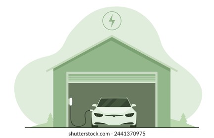 A private electric car is recharging at a house garage with electric vehicle wall charger. Sustainable lifestyle, electric transportation and eco-friendly vehicle concept. Vector illustration.