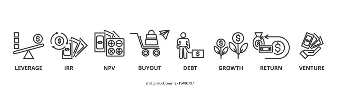 Concepto de Ilustración vectorial de Anuncio de capital privado con ícono de apalancamiento, TIR, VAN, compra, deuda, crecimiento, retorno y riesgo