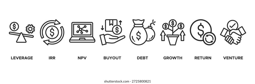 Private Equity banner web icon vector illustration concept with icon of leverage, irr, npv, buyout, debt, growth, return, and venture
