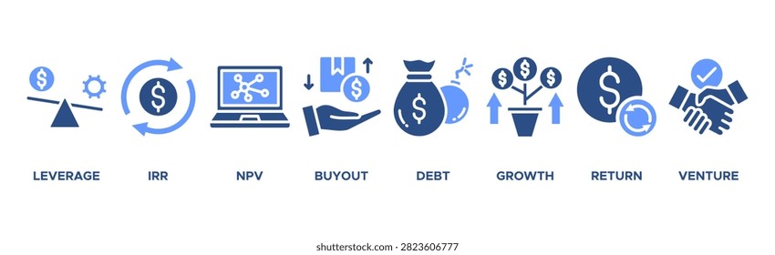 Private Equity banner web icon vector illustration concept with icon of leverage, irr, npv, buyout, debt, growth, return, and venture