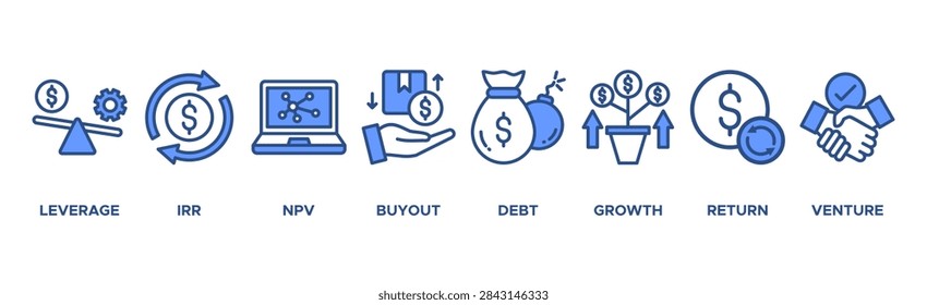 Private Equity banner web icon vector illustration concept with icon of leverage, irr, npv, buyout, debt, growth, return, and venture