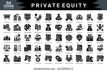 Coleção de ícones de Patrimônio Líquido Privado. Ilustrações de vetor de glifo simples.