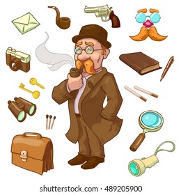 Private eye character in hat and glasses with smoking pipe briefcase gun and binoculars isolated vector illustration