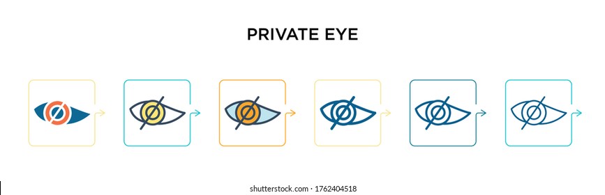 Icono de vector visual privado en 6 estilos modernos diferentes. Negro, dos iconos de ojos privados de color diseñados con el estilo relleno, contorno, línea y trazo. La ilustración vectorial se puede usar para web, móvil, ui