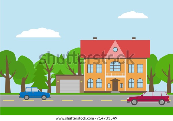 Private Family House Cars Garage Trees Stock Vector Royalty Free