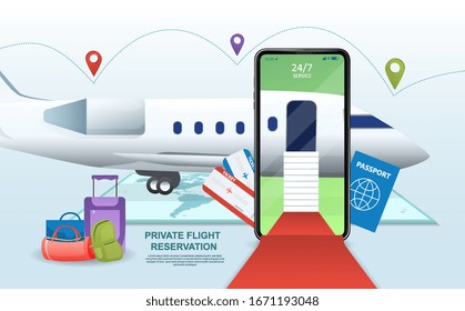 Private flight online registration concept with a red carpet walkway to a plane ladder. Business or VIP overseas travel concept poster with tickets, passport and baggage