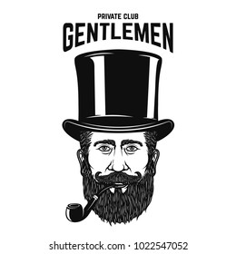 Private Gentlemen Club. Gentleman In Retro Hat And With Smoking Pipe. Vector Illustration