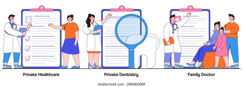 Private healthcare, dentistry, family doctor practitioner concept with character people. Private medical services vector illustration set. Non-governmental general medical treatment, primary care meta