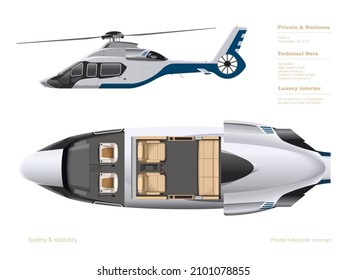 Private helicopter interior. 3d cockpit blueprint. Top, side view of business vehicle. Isolated cabin drawing. Modern transportation. Industrial vector illustration