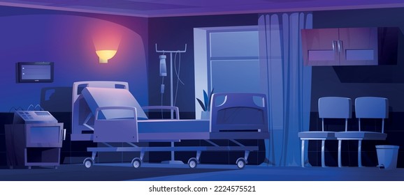 Private hospital chamber with medical bed and modern equipment for health monitoring. Individual resuscitation room in clinic with comfortable sleeping place for patient at night, vector illustration