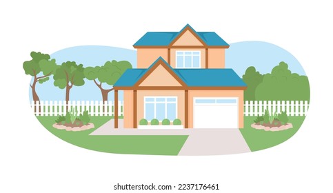 Private house 2D vector isolated illustration. Residential building exterior. Comfort home flat landscape on cartoon background. Colorful editable scene for mobile, website, presentation