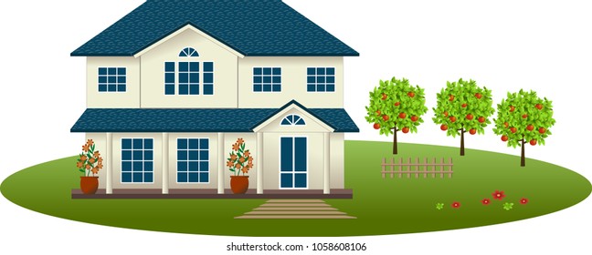 Private house with apple trees. Vector illustration