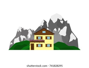 Private house or chalet on the landscape with Alpine mountains and green hills in flat style isolated on white background.