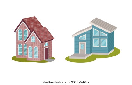 Private House and Cottage as Cosy Dwelling Rested on Green Lawn Vector Set