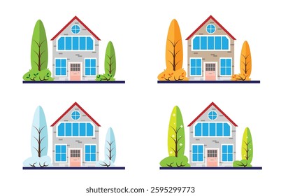 Private House in Different Seasons Autumn Winter Spring Summer. Time of the year and weather vector art