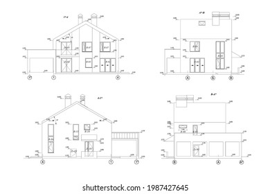 Fassadenabschnitte des Privathauses, detaillierte technische Zeichnungen der Architektur, Vektorgrafik