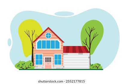 Private House with a Garage Bushes and Trees Flat Style. Architecture and rural area life vector art