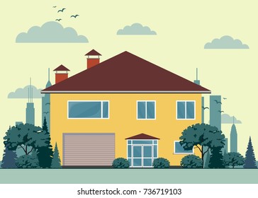private house with garage . Stock flat vector illustration.