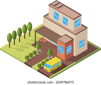Private house with garden composition. 3d suburban isometric illustration. Isolated on white vector
