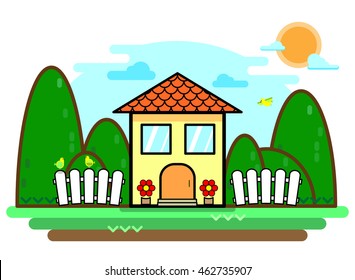 Private house and green garden in flat style. Vector
