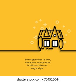 Private house icon in outline style on yellow banner with sample text. Advertising purchase and rental of private housing concept line label. Contour pictogram for your design needs