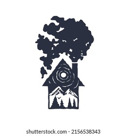 Private house icon with smoke from a chimney. Monochrome illustration. Design element.