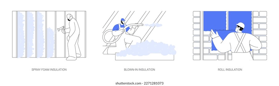 Private house insulation abstract concept vector illustration set. Spray foam insulation, blown-in insulation material, glass wool roll, residential area construction abstract metaphor.