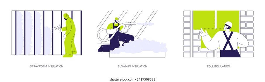 Private house insulation abstract concept vector illustration set. Spray foam insulation, blown-in insulation material, glass wool roll, residential area construction abstract metaphor.