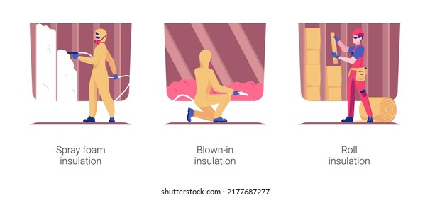 Isolierung von Privathäusern einzeln auf Vektorgrafik. Schaumspritzisolierung, Einblasmaterial, Glaswollewalze, Wohnraumkonstruktion, Vektorgrafik.