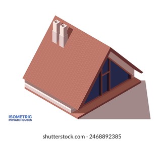 Icono isométrico de casa privada. Casa contemporánea de madera o cabaña triangular. Fachada de edificio rural o casa de campo con ventanas panorámicas. Ilustración vectorial 3D de dibujos animados aislada sobre fondo blanco