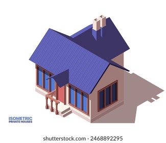 Private house isometric icon. Exterior or facade of beautiful village home or residential property. Modern townhouse, building or cottage. Cartoon 3D vector illustration isolated on white background