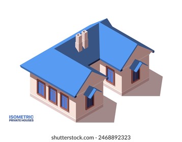 Private house isometric icon. Large luxury cottage or classic residential property exterior. Family home or village real estate. Cartoon 3D vector illustration isolated on white background