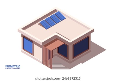 Private house isometric icon. Modern eco friendly townhouse or cottage with solar panels on roof. Contemporary home or residential property. Cartoon 3D vector illustration isolated on white background