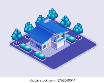 Private House. Isometric view at exterior of a two-storey modern house along with a garden around it. Vector illustration on the theme of Realty.