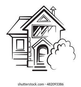 Private house logo, detached house sketch, cozy house vector, mo