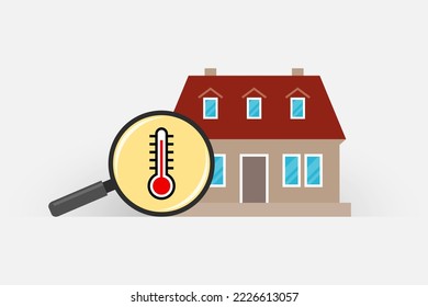 Private house and magnifier with thermometer icon indicating high temperature. Concept of heating season problems, too hot indoors