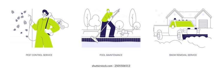 Private house maintenance abstract concept vector illustration set. Pest control, pool maintenance, snow removal service, mold removal, snow blower, cleaning and disinfection abstract metaphor.