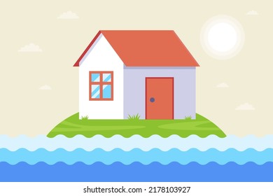 Private House On The Island. Sea Level Rise. Flat Vector Illustration