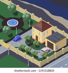 Private house with park near the river. Solar panels on the roof.