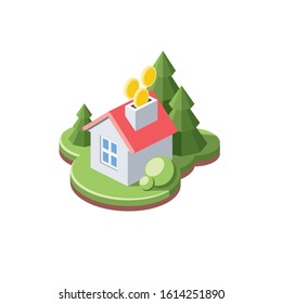 Private House Payment Investment Forest Coins. Vector 3d isometric, color web icon, new flat style. Creative illustration design, idea for infographics.