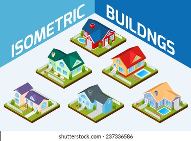 Private House Real Estate Decorative Icons Set 3d Isometric Isolated Vector Illustration
