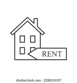 Private House Rental Icon. A Simple Line Drawing Of A Two-story House With A Rental Sign. Isolated Vector On White Background.