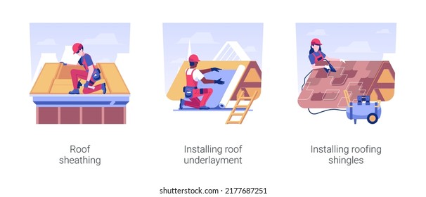 Private house roofing isolated concept vector illustration set. Roof sheathing, installing roof underlayment and shingles, contractors setting tiles, residential area construction vector cartoon.