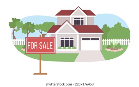 Private house sale 2D vector isolated illustration. Residential buildings flat landscape on cartoon background. Colorful editable scene for mobile, website, presentation. Bebas Neue font used