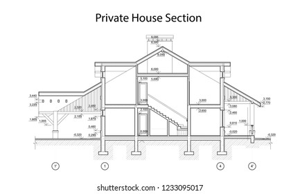 Private house section, detailed architectural technical drawing, vector blueprint
